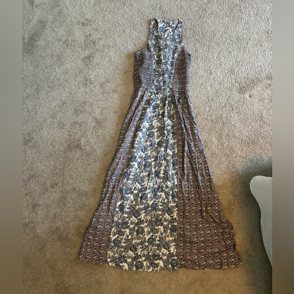 Blue floral maxi dress with buttons on upper back